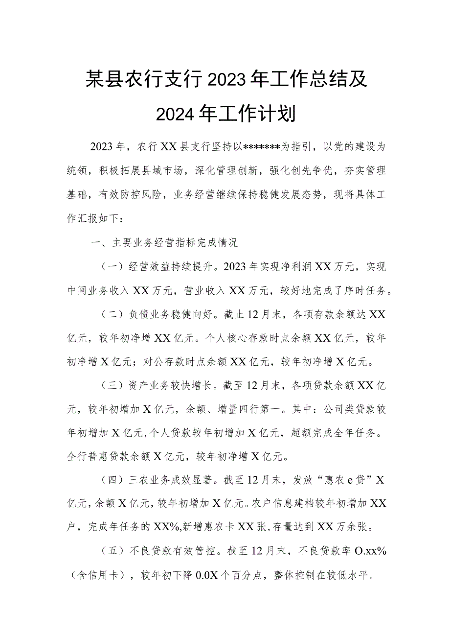 某县农行支行2023年工作总结及2024年工作计划.docx_第1页