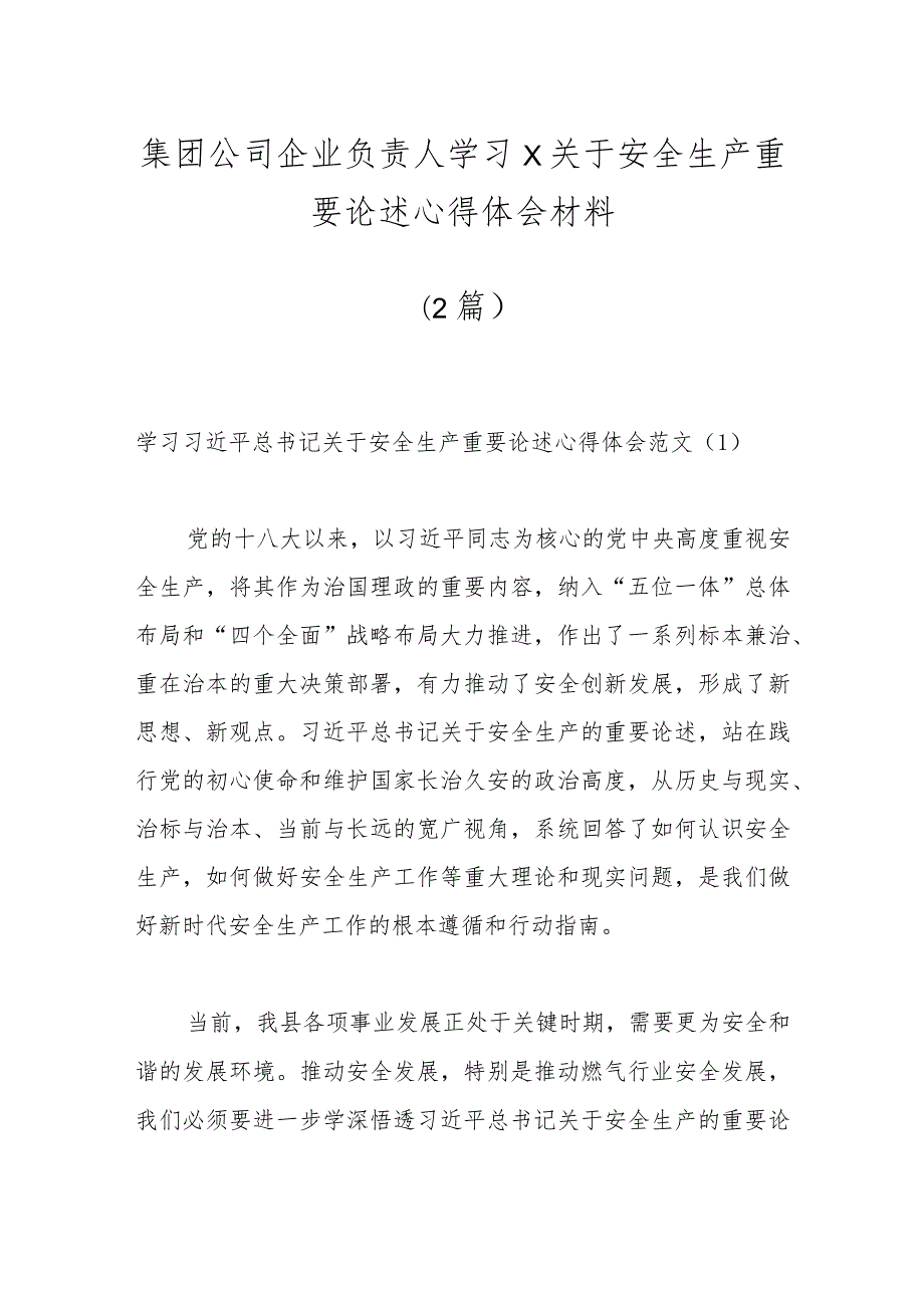 （2篇）XX集团公司企业负责人学习x关于安全生产重要论述心得体会材料.docx_第1页