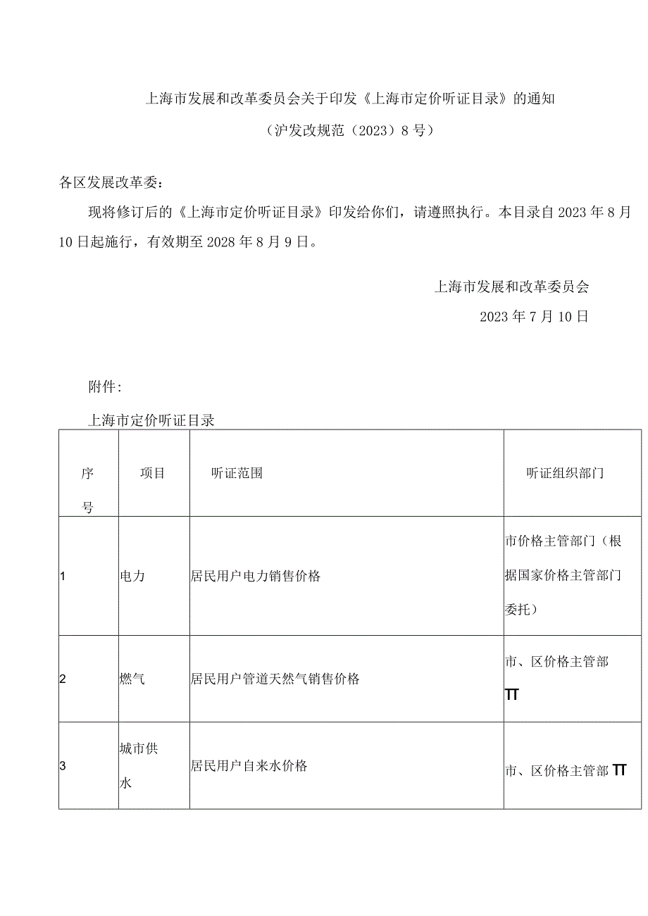 上海市发展和改革委员会关于印发《上海市定价听证目录》的通知(2023).docx_第1页