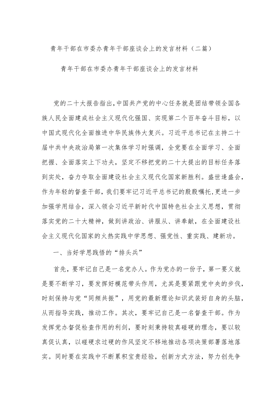 青年干部在市委办青年干部座谈会上的发言材料(二篇).docx_第1页