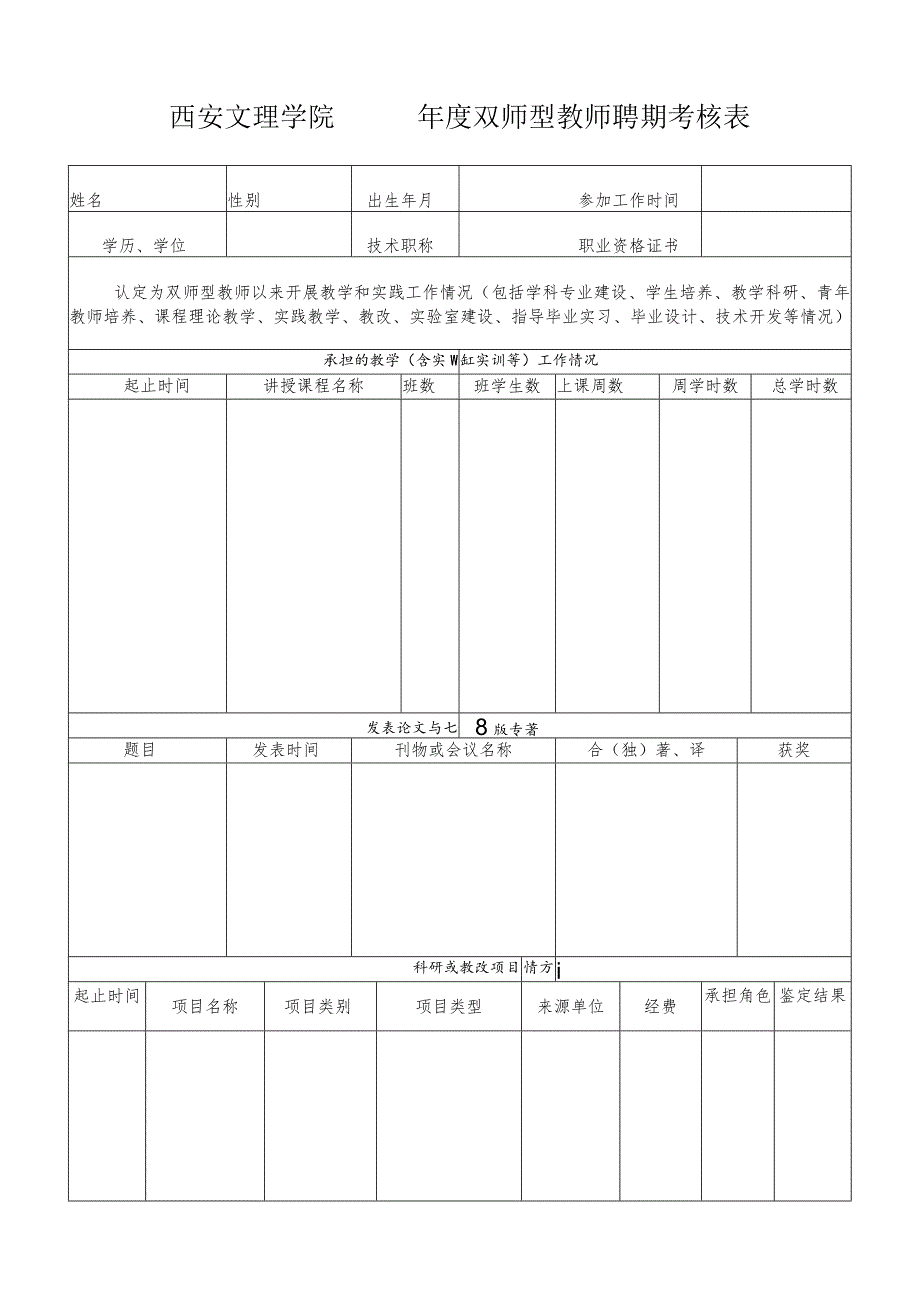 西安文理学院年度双师型教师聘期考核表.docx_第1页