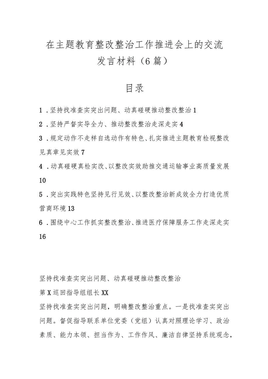 （6篇）在主题教育整改整治工作推进会上的交流发言材料.docx_第1页