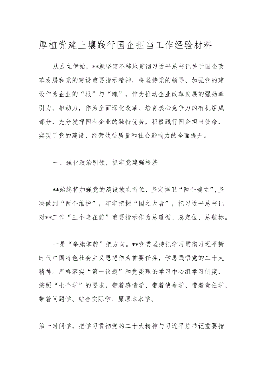 厚植党建土壤 践行国企担当工作经验材料.docx_第1页