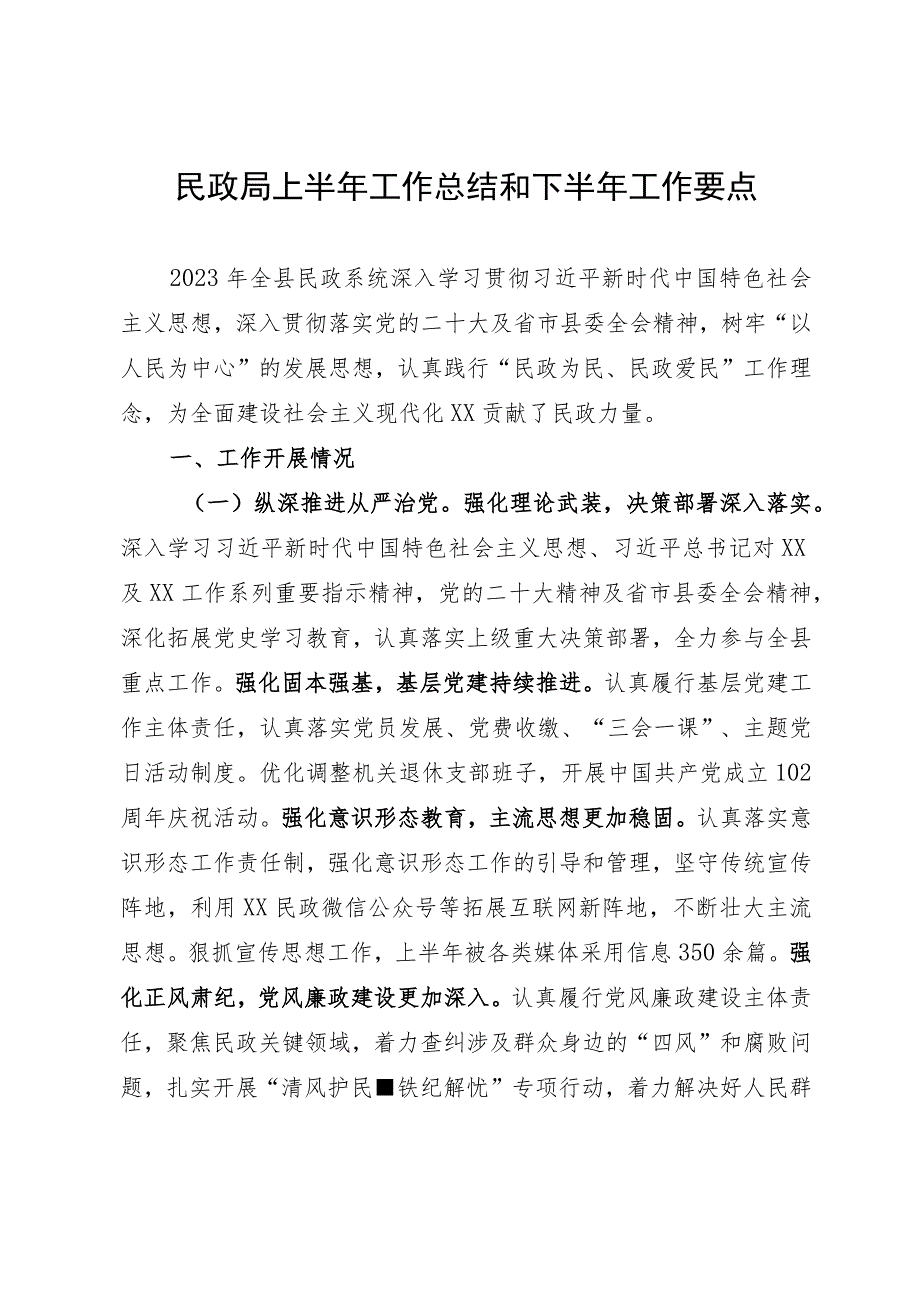 民政局上半年工作总结和下半年工作要点.docx_第1页