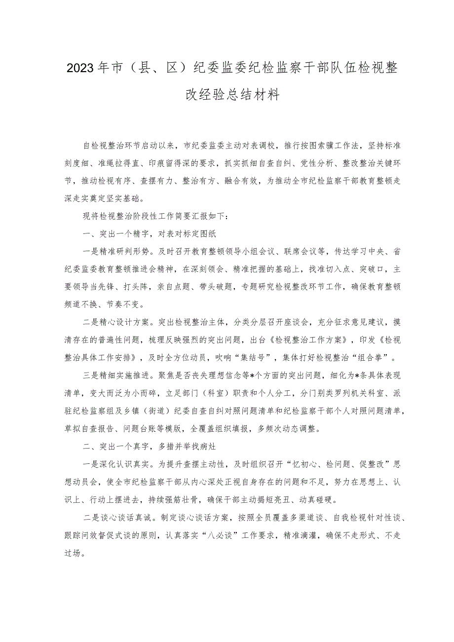 （2篇）2023年市纪委监委纪检监察干部队伍检视整改经验总结材料（附研讨发言材料）.docx_第1页