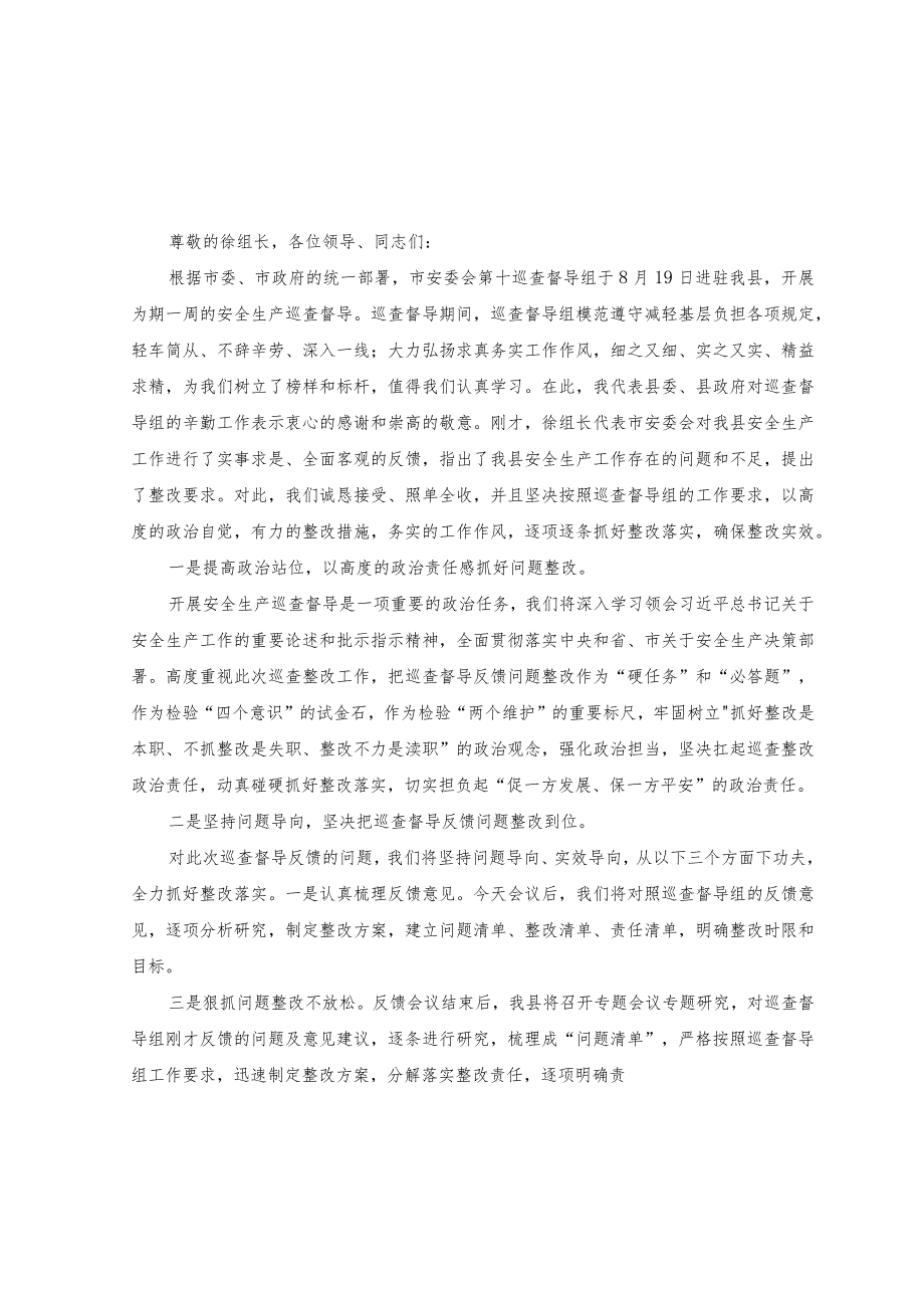 （3篇）2023年县长在全市安全生产巡查督导反馈会上的表态发言.docx_第1页