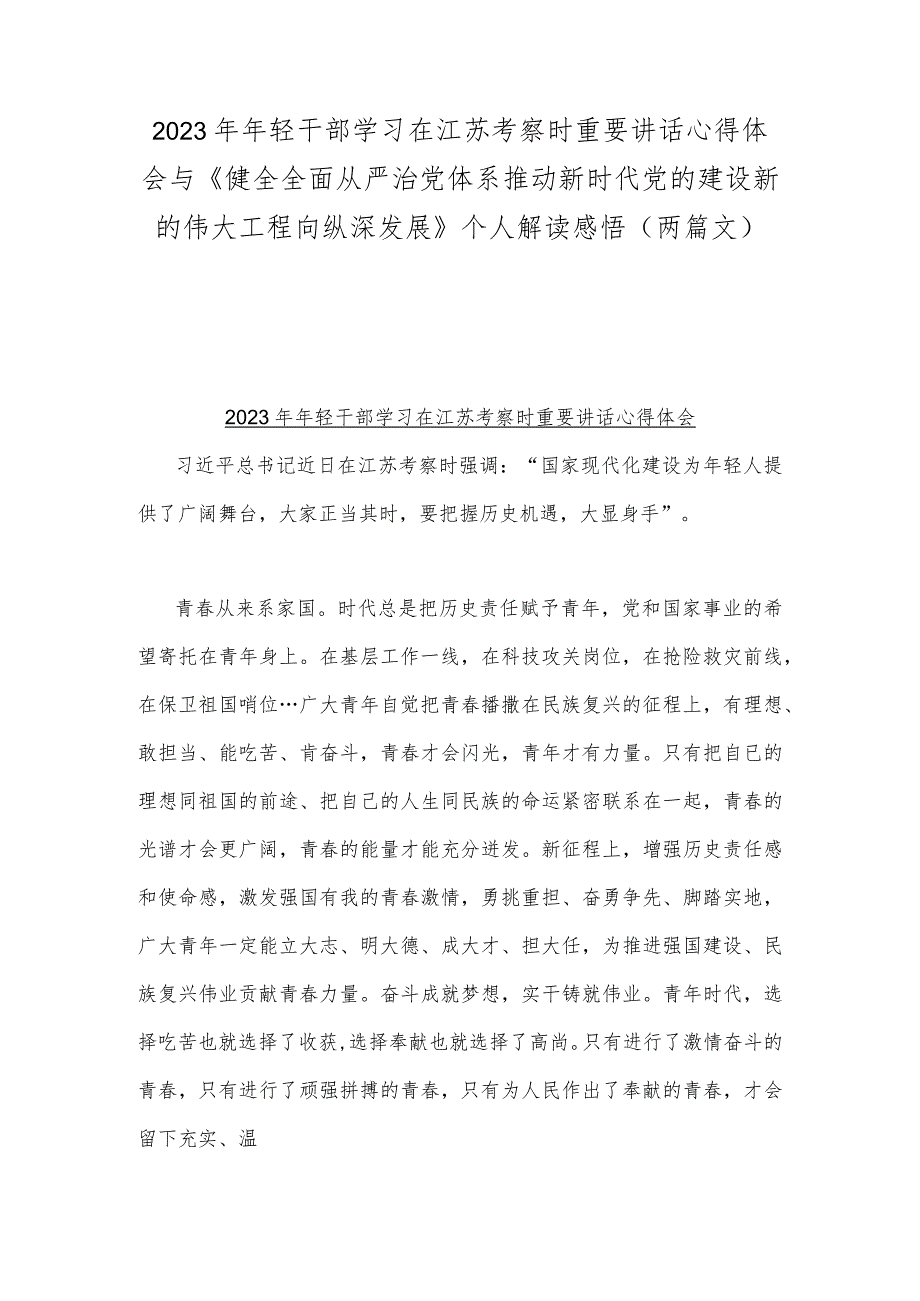 2023年年轻干部学习在江苏考察时重要讲话心得体会与《健全全面从严治党体系推动新时代党的建设新的伟大工程向纵深发展》个人解读感悟（两篇文）.docx_第1页