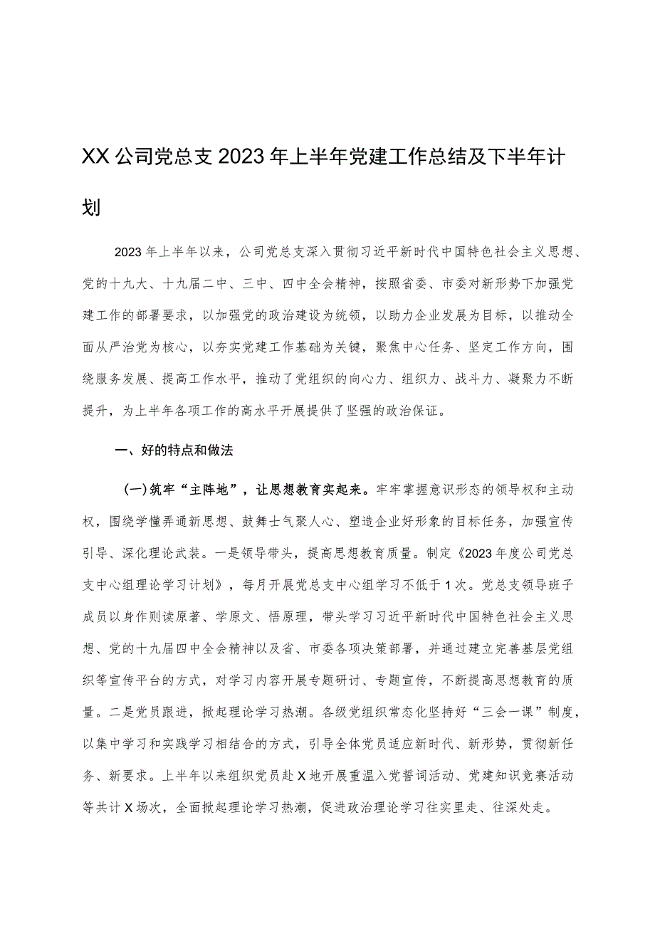 XX公司党总支2023年上半年党建工作总结及下半年计划.docx_第1页