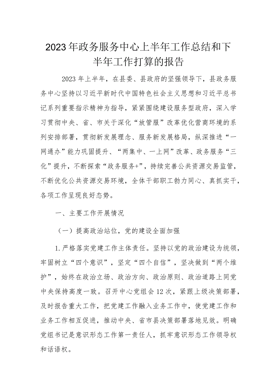 2023年政务服务中心上半年工作总结和下半年工作打算的报告.docx_第1页