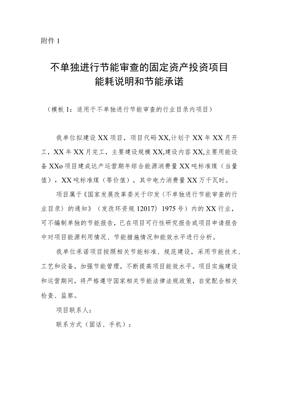 不单独进行节能审查固定资产投资项目能耗说明和节能承诺、能耗解决方案及可再生能源电力使用承诺、节能报告真实性承诺书.docx_第1页