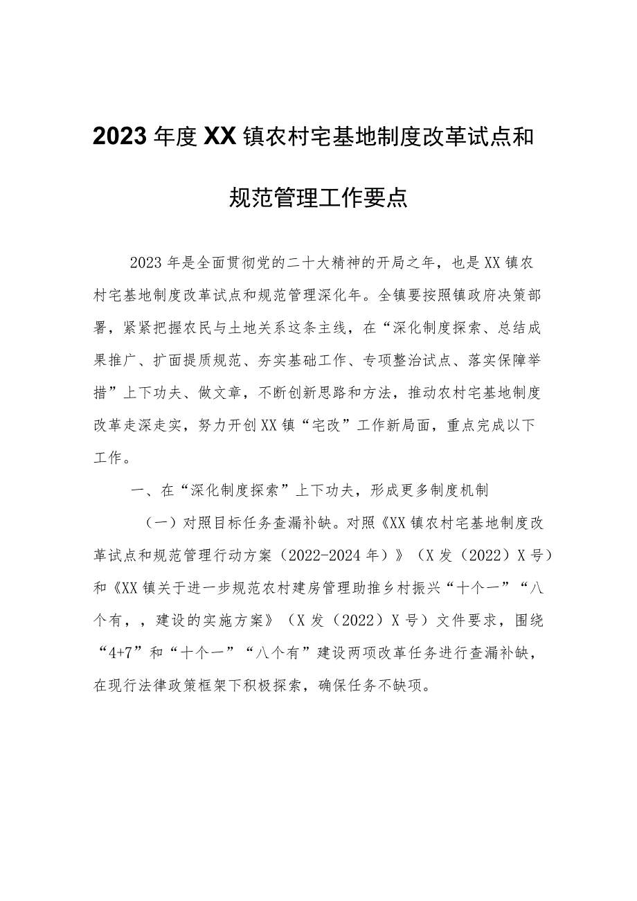 2023年度XX镇农村宅基地制度改革试点和规范管理工作要点.docx_第1页