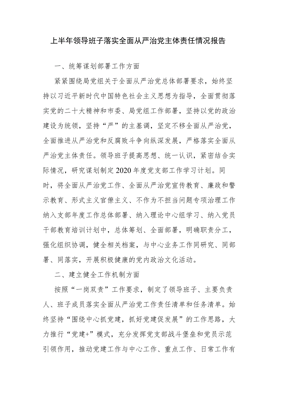 上半年领导班子落实全面从严治党主体责任情况报告.docx_第1页