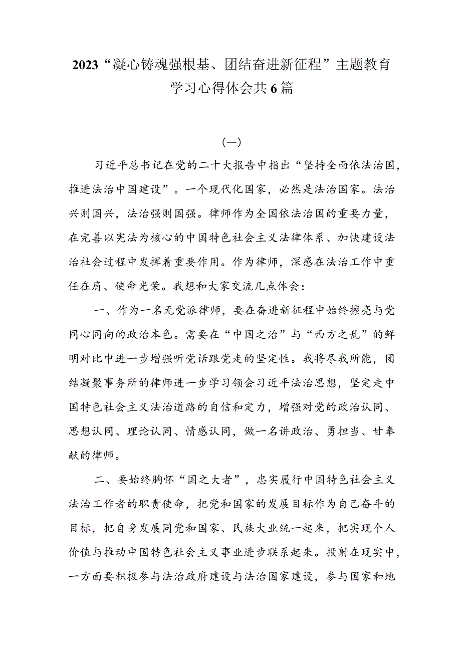 2023“凝心铸魂强根基、团结奋进新征程”主题教育学习心得体会共6篇.docx_第1页