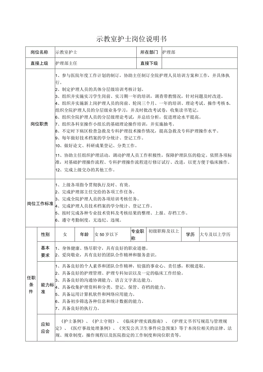 示教室护士岗位说明书.docx_第1页