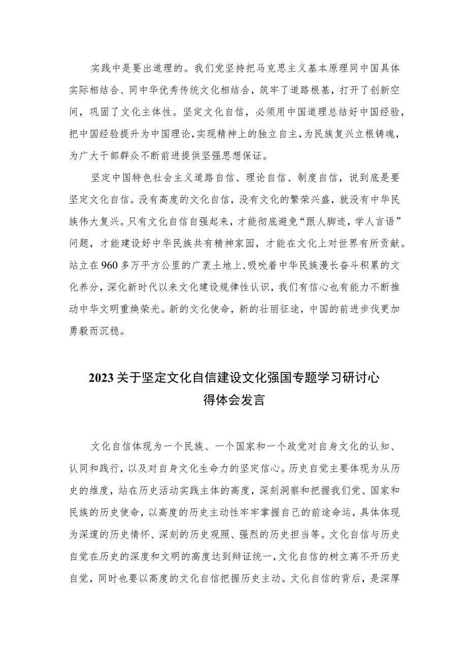 （6篇）2023关于坚定文化自信建设文化强国专题学习研讨心得体会发言样例（精编版）.docx_第2页