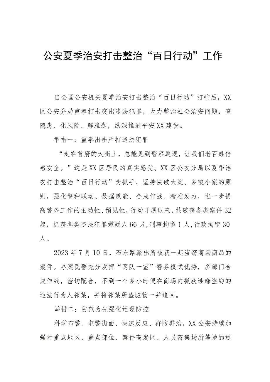 公安夏季治安打击整治“百日行动”工作总结四篇.docx_第1页