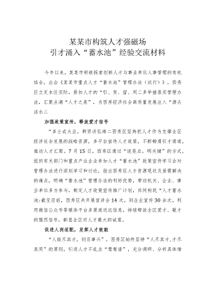 某某市构筑人才强磁场引才涌入“蓄水池”经验交流材料.docx