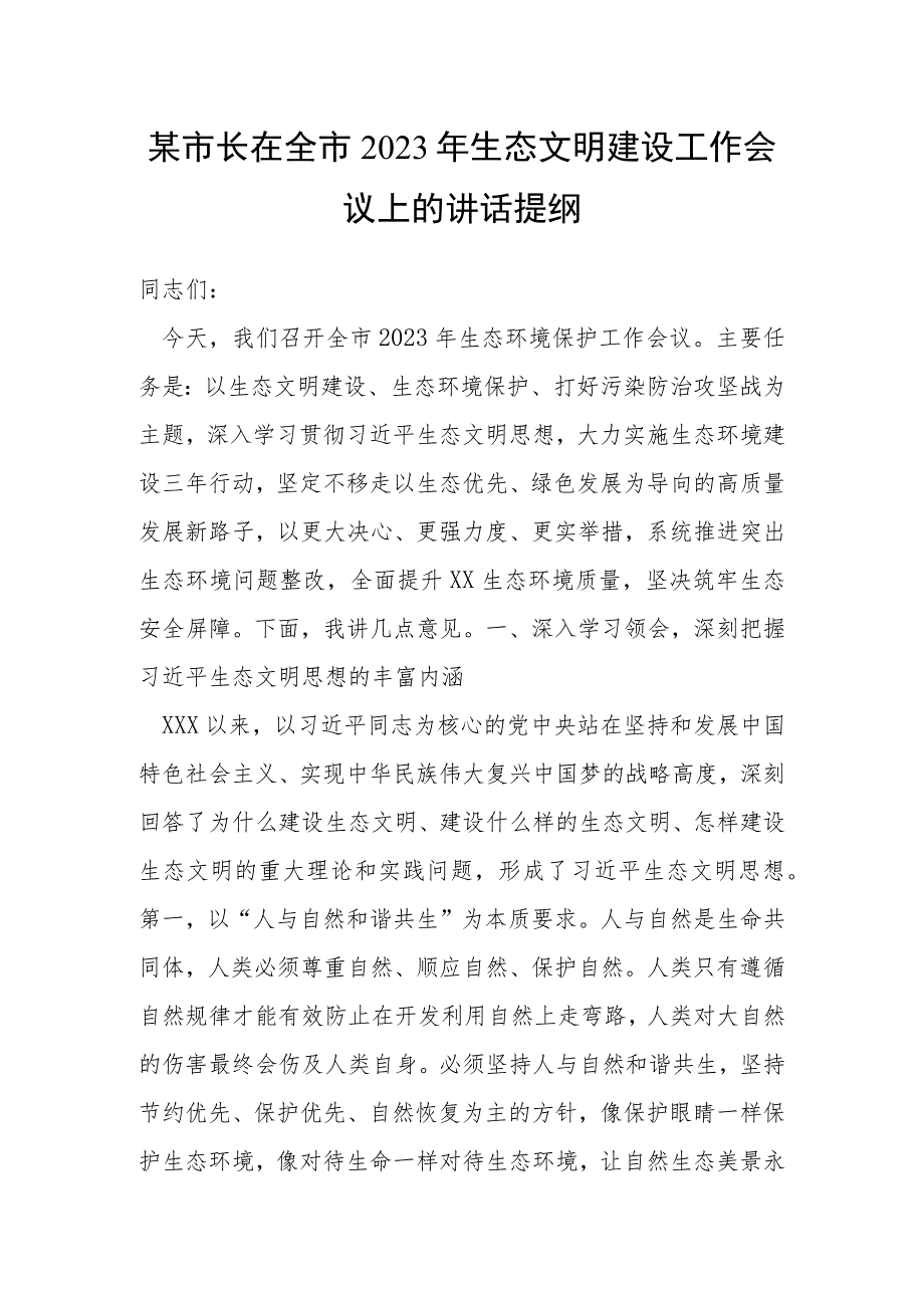 某市长在全市2023年生态文明建设工作会议上的讲话提纲.docx_第1页