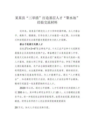 某某县“三举措”打造基层人才“聚水池”经验交流材料.docx