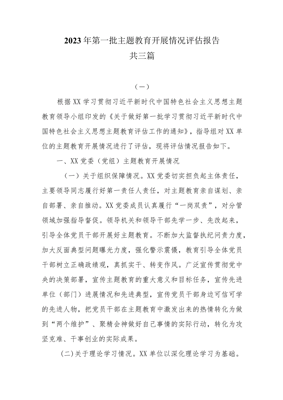 （3篇）关于2023年第一批主题教育开展情况评估报告.docx_第1页