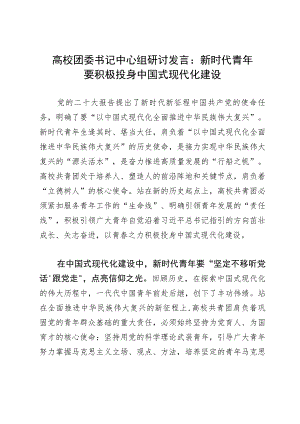 高校团委书记中心组研讨发言：新时代青年要积极投身中国式现代化建设.docx