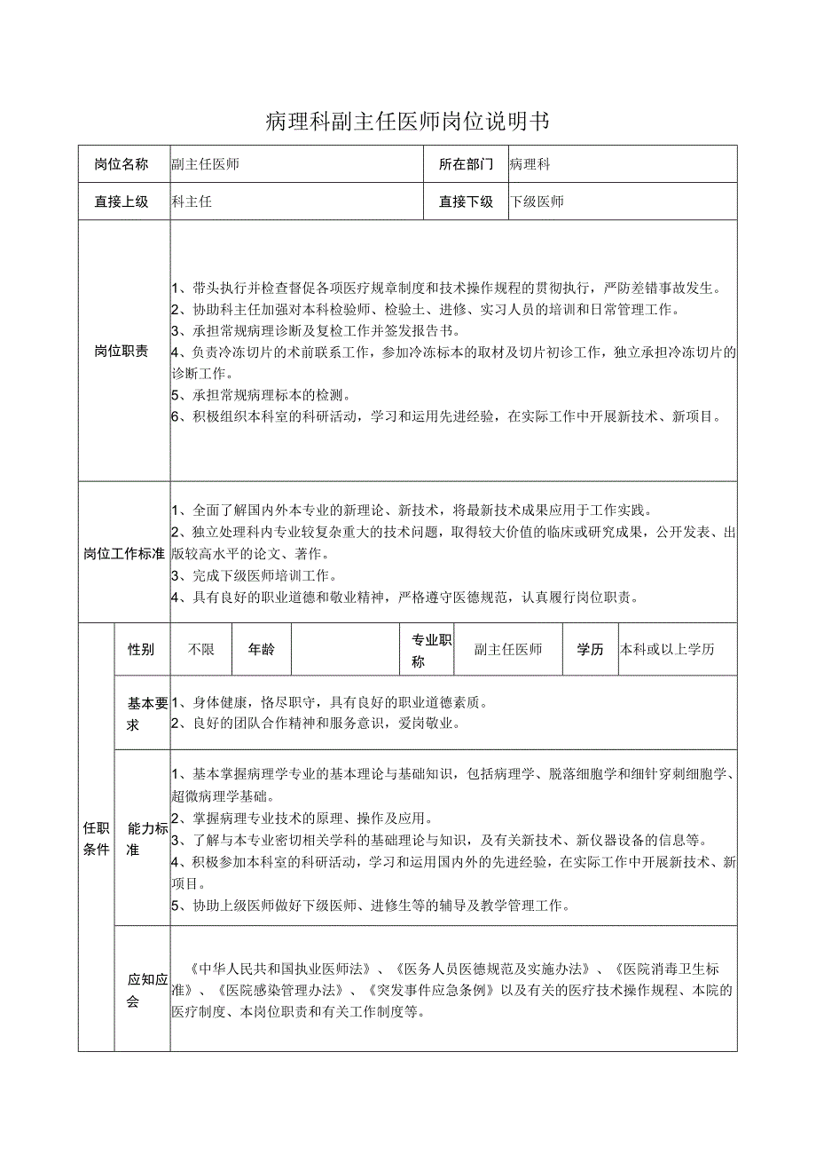 病理科副主任医师岗位说明书.docx_第1页