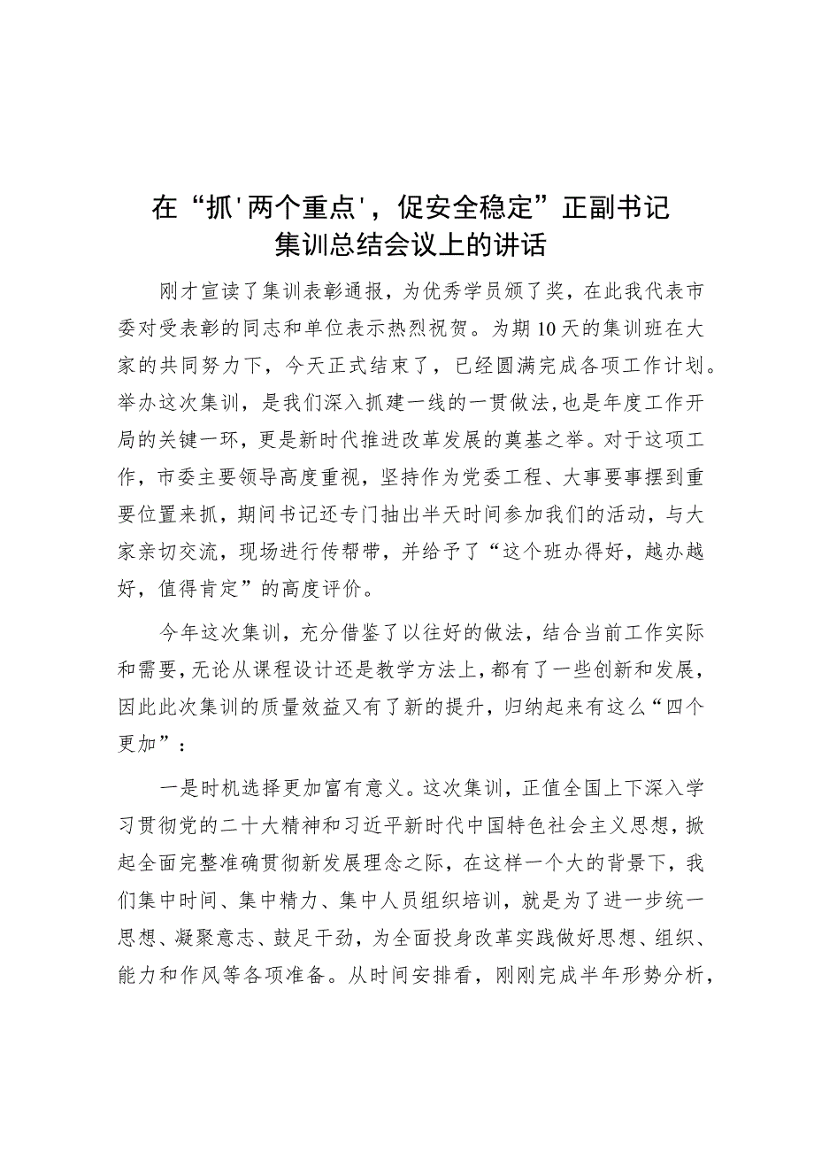 在“抓‘两个重点’促安全稳定”正副书记集训总结会议上的讲话.docx_第1页