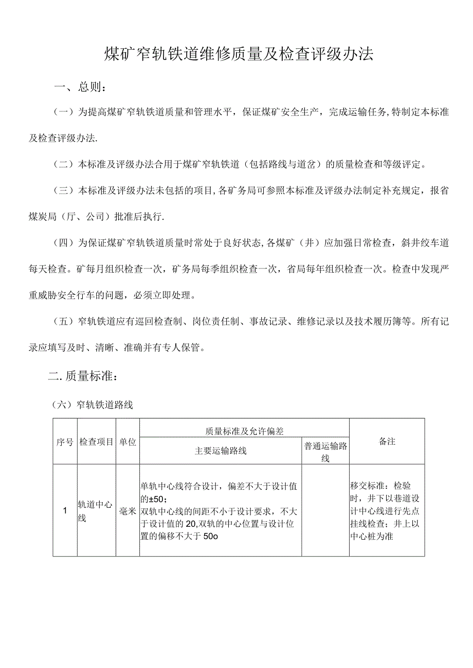 煤矿窄轨铁道维修质量及检查评级办法.docx_第1页