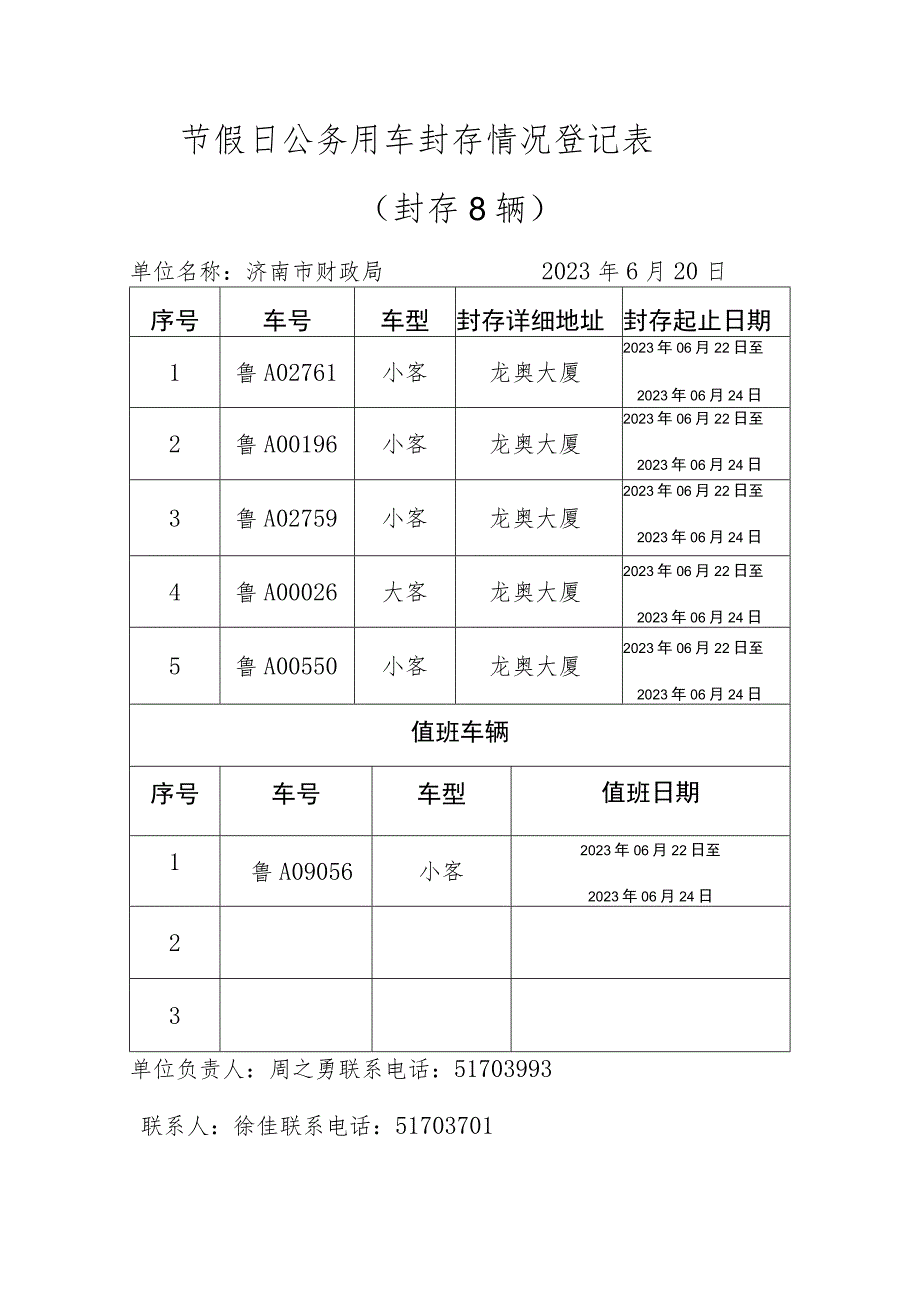 节假日公务用车封存情况登记表.docx_第1页