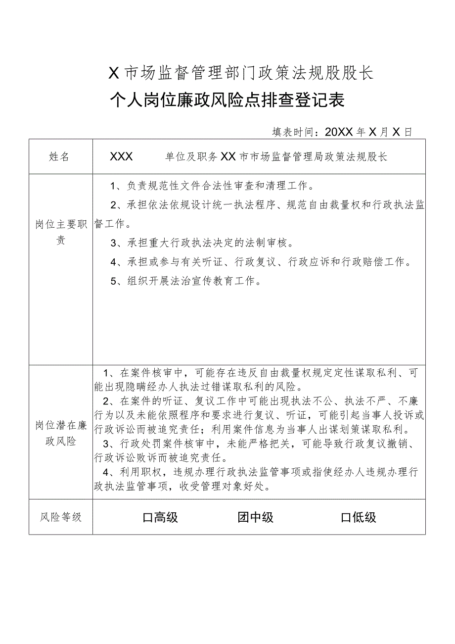 X县市场监督管理部门政策法规股股长个人岗位廉政风险点排查登记表.docx_第1页