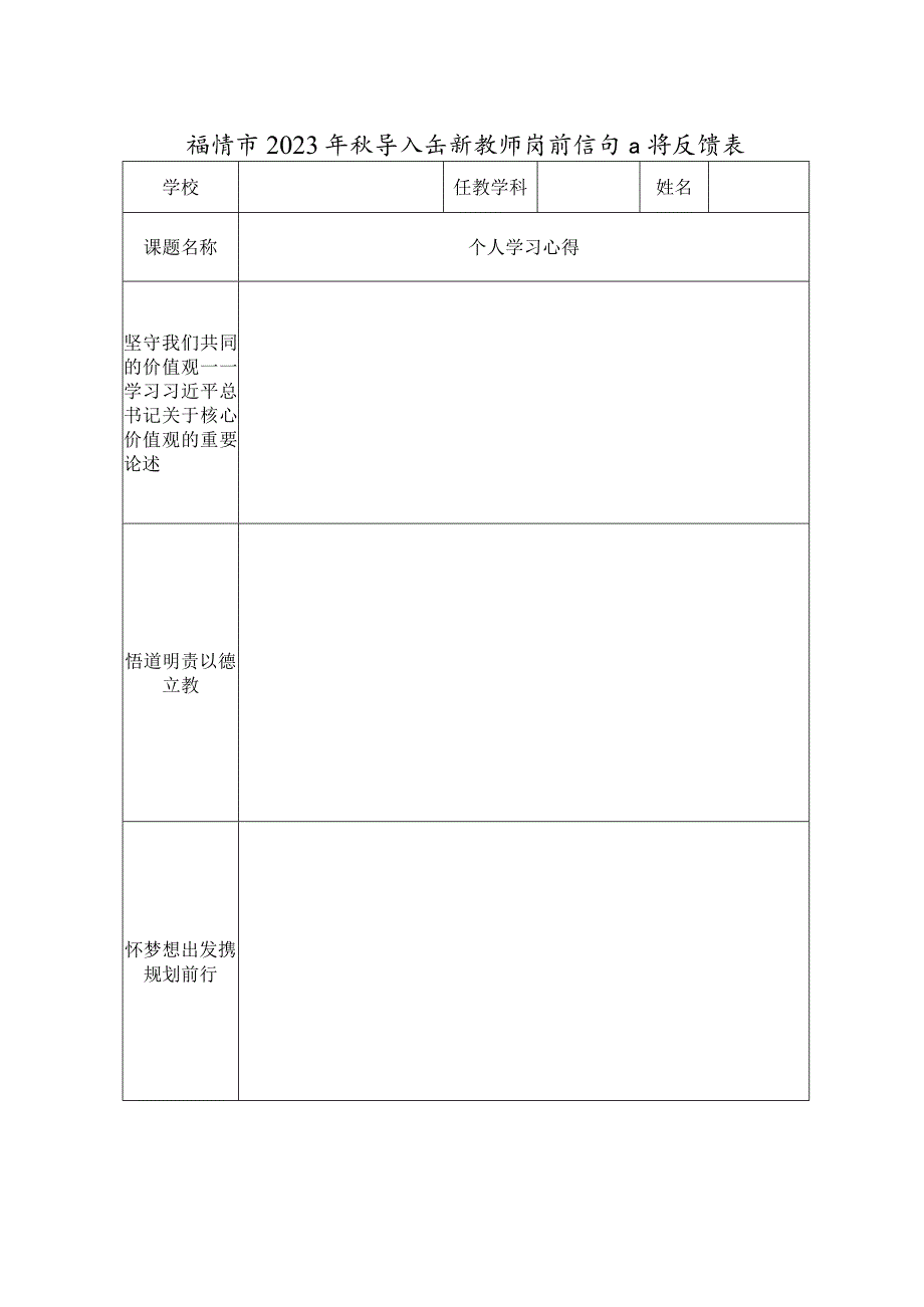 福清市2023年秋季入伍新教师岗前培训心得反馈表.docx_第1页