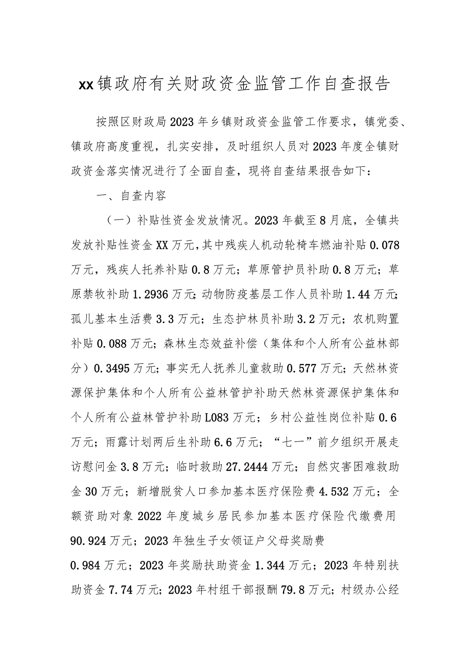 XX镇政府有关财政资金监管工作自查报告.docx_第1页