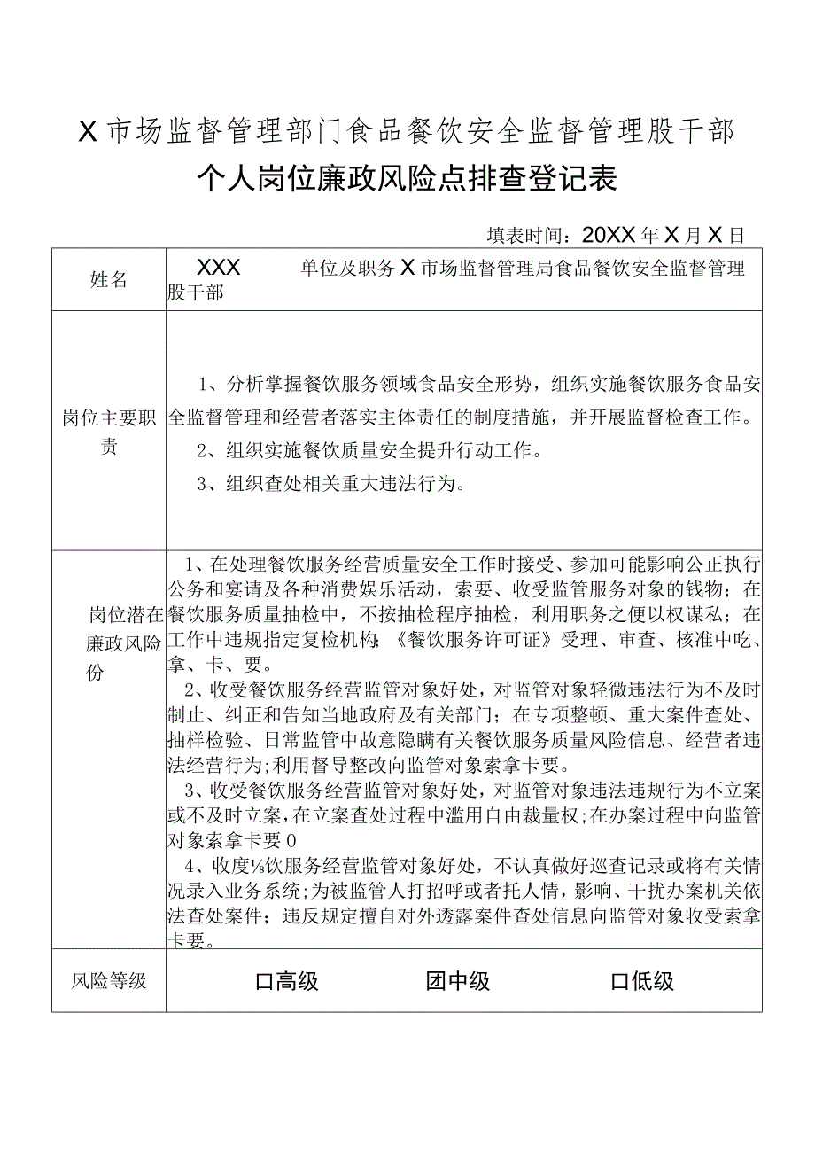 X县市场监督管理部门食品餐饮安全监督管理股干部个人岗位廉政风险点排查登记表.docx_第1页