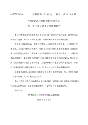 XX阳光科技控股股份有限公司关于审计委员会委员变动的公告.docx