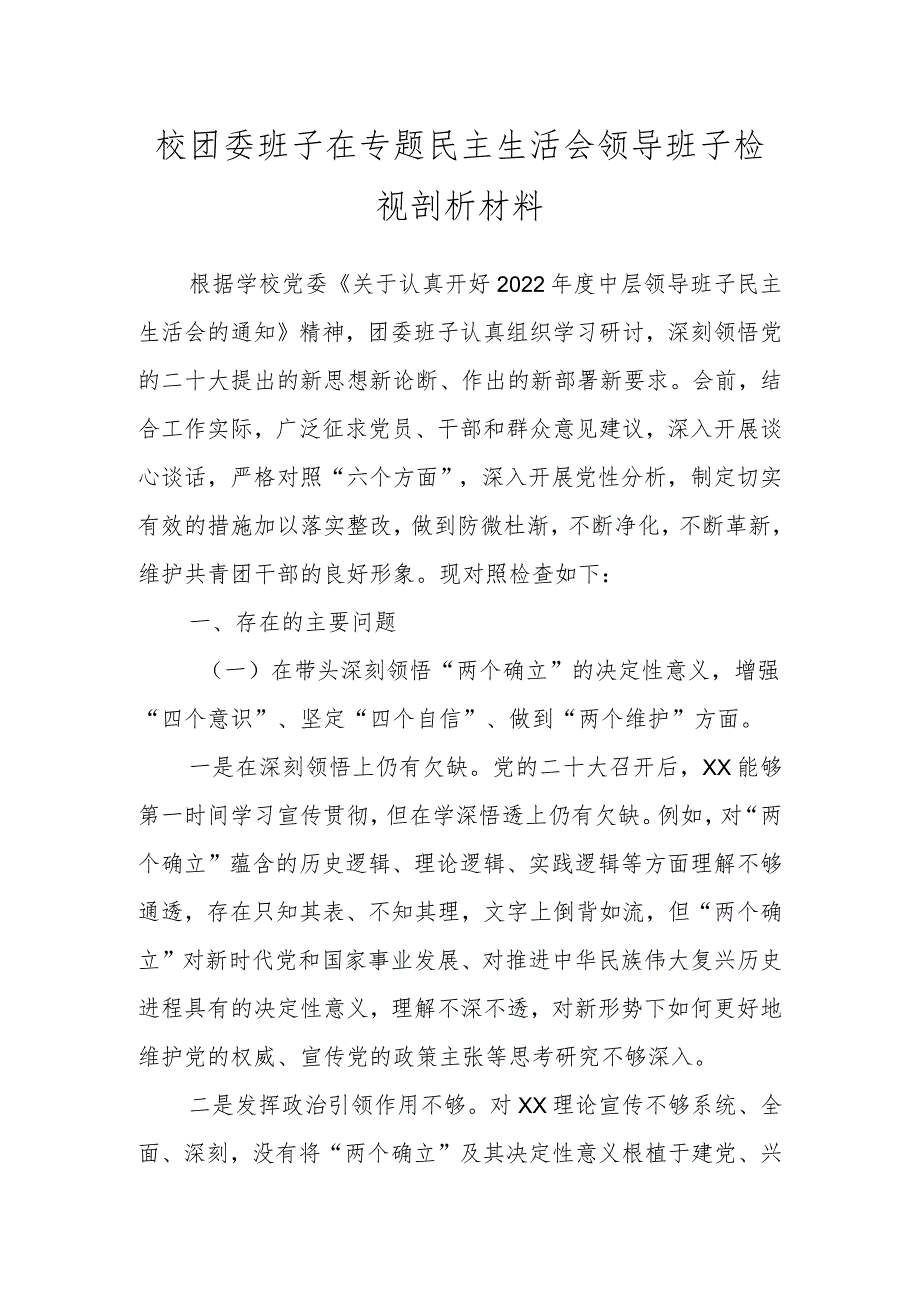 校团委班子在专题民主生活会领导班子检视剖析材料.docx_第1页