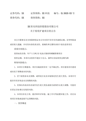 XX阳光科技控股股份有限公司关于投资扩建项目的公告.docx