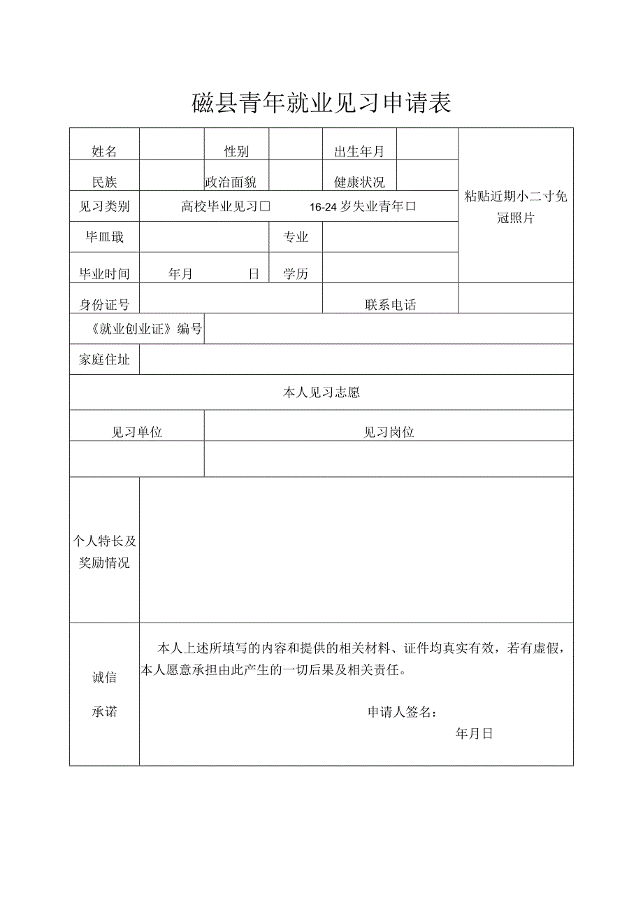 磁县青年就业见习申请表.docx_第1页