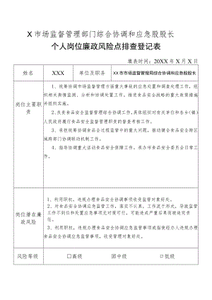 X县市场监督管理部门综合协调和应急股股长个人岗位廉政风险点排查登记表.docx