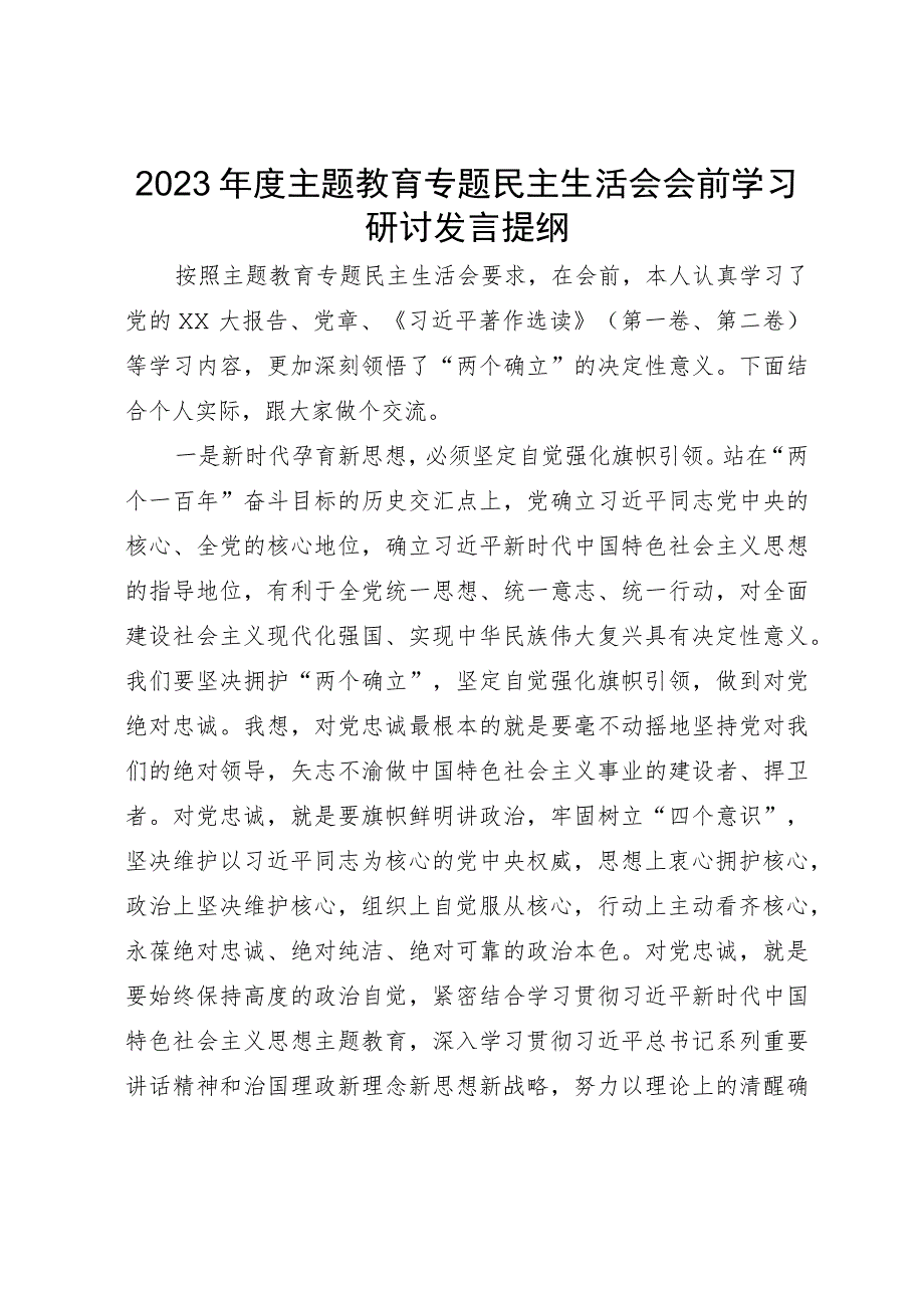 2023年度主题教育民主生活会会前学习研讨发言提纲.docx_第1页