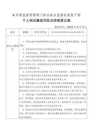 X县市场监督管理部门综合执法监督检查股干部个人岗位廉政风险点排查登记表.docx