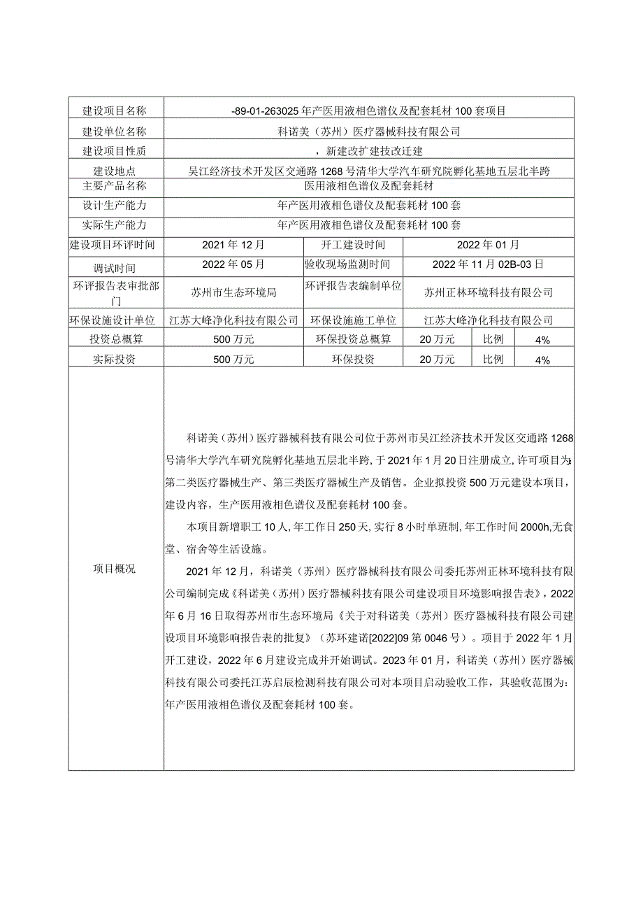 科诺美苏州医疗器械科技有限公司年产医用液相色谱仪及配套耗材100套项目竣工环境保护验收监测报告表.docx_第3页