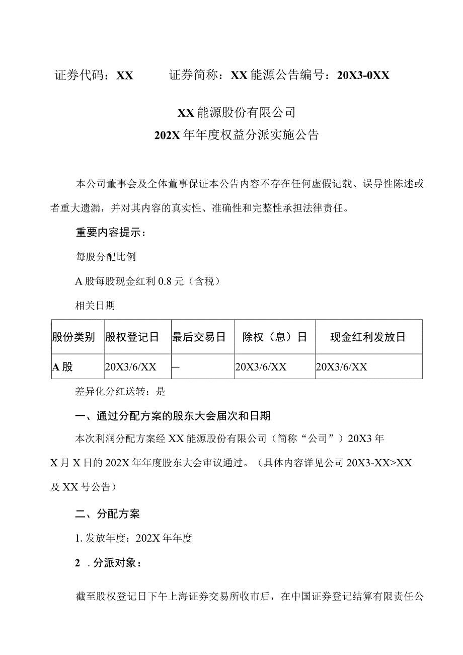 XX能源股份有限公司202X年年度权益分派实施公告.docx_第1页