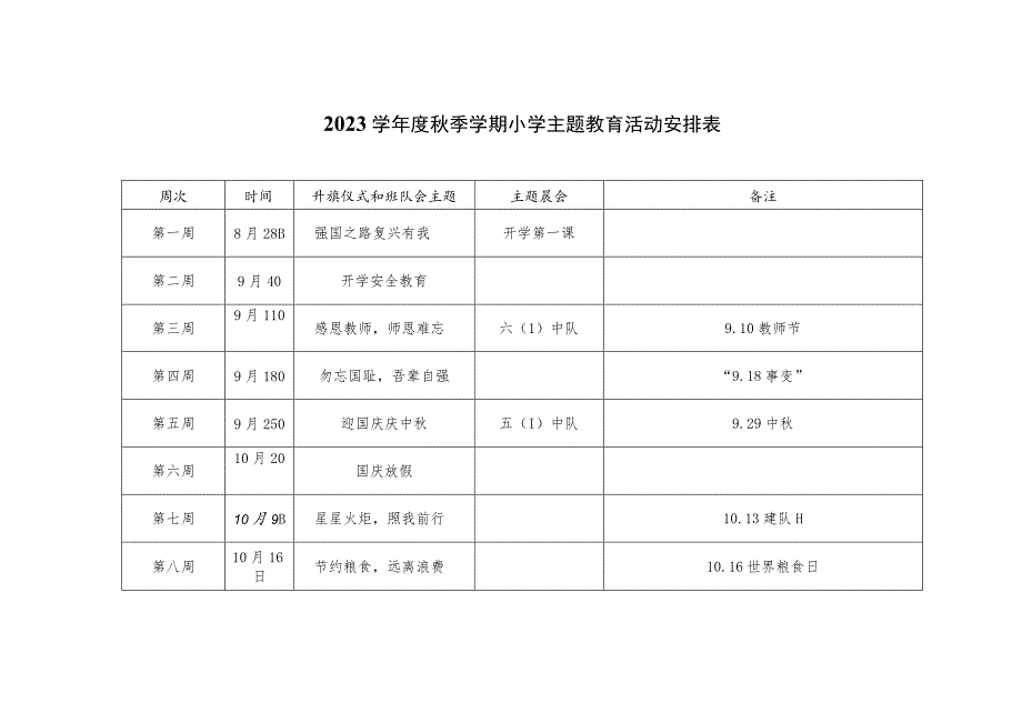 2023学年度秋季学期小学主题教育活动安排表.docx_第1页