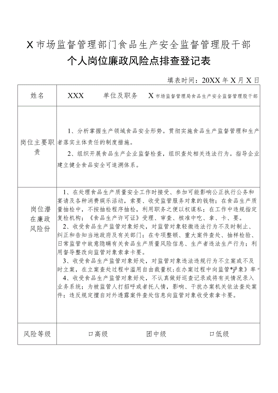 X县市场监督管理部门食品生产安全监督管理股干部个人岗位廉政风险点排查登记表.docx_第1页