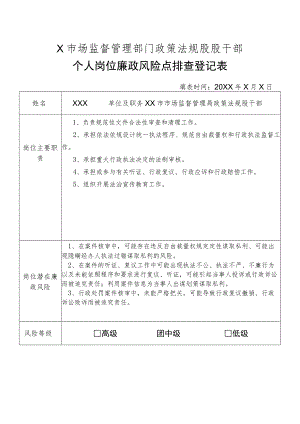 X县市场监督管理部门政策法规股干部个人岗位廉政风险点排查登记表.docx