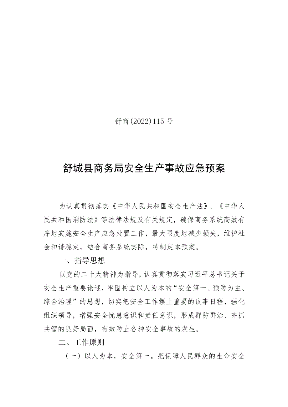 舒商〔2022〕115号舒城县商务局安全生产事故应急预案.docx_第1页