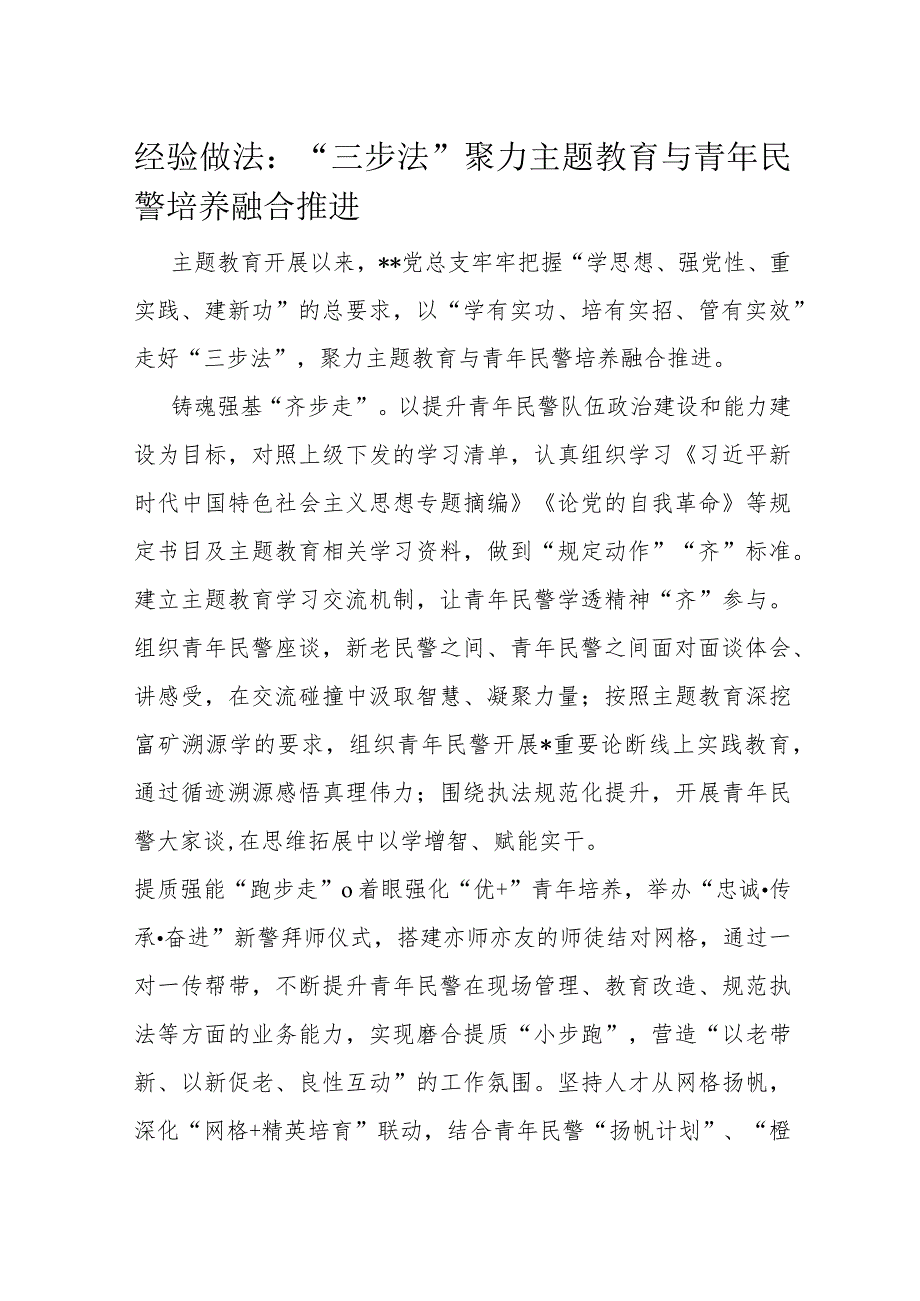 经验做法：“三步法”聚力主题教育与青年民警培养融合推进.docx_第1页