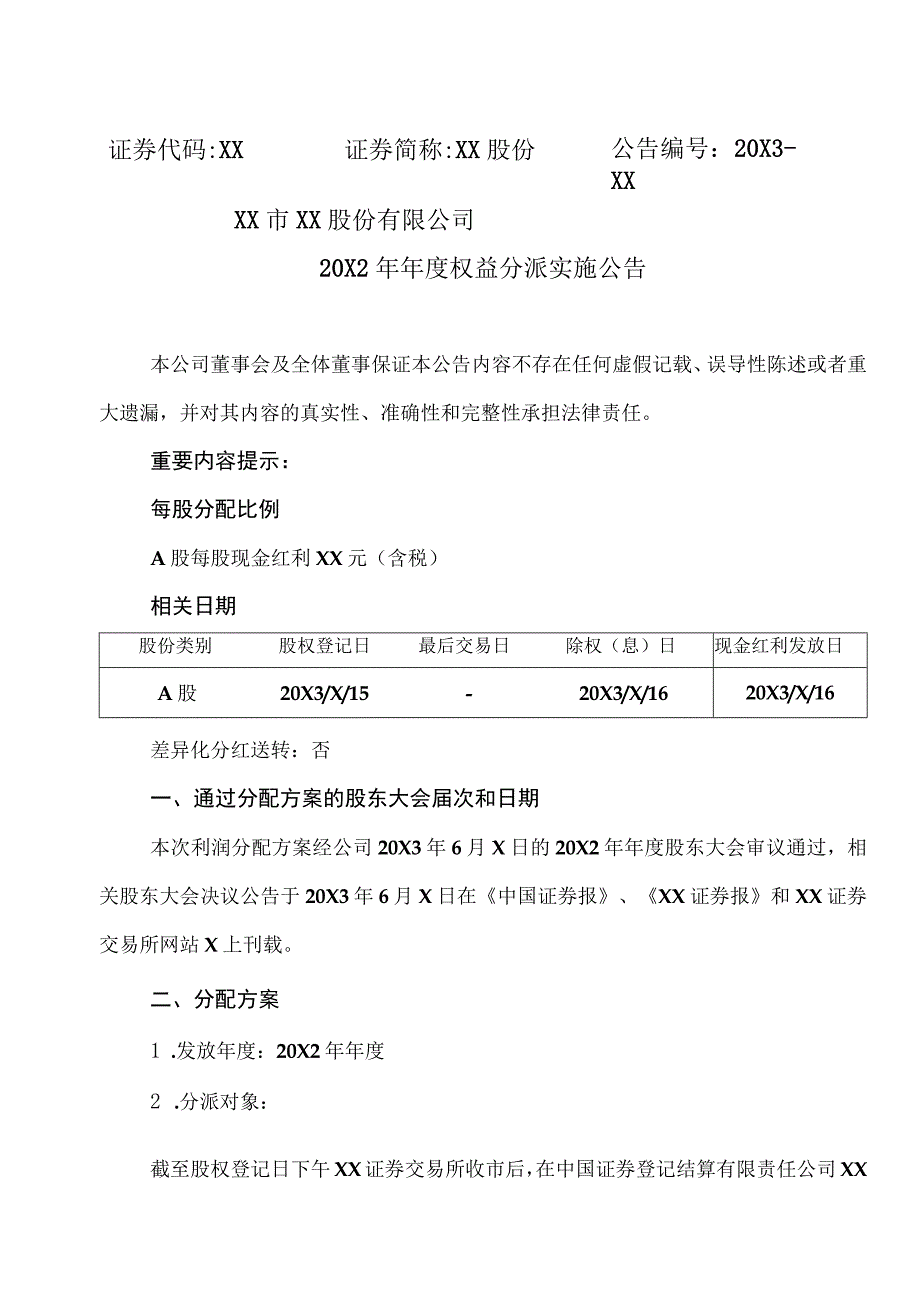 XX市XX股份有限公司20X2年年度权益分派实施公告.docx_第1页