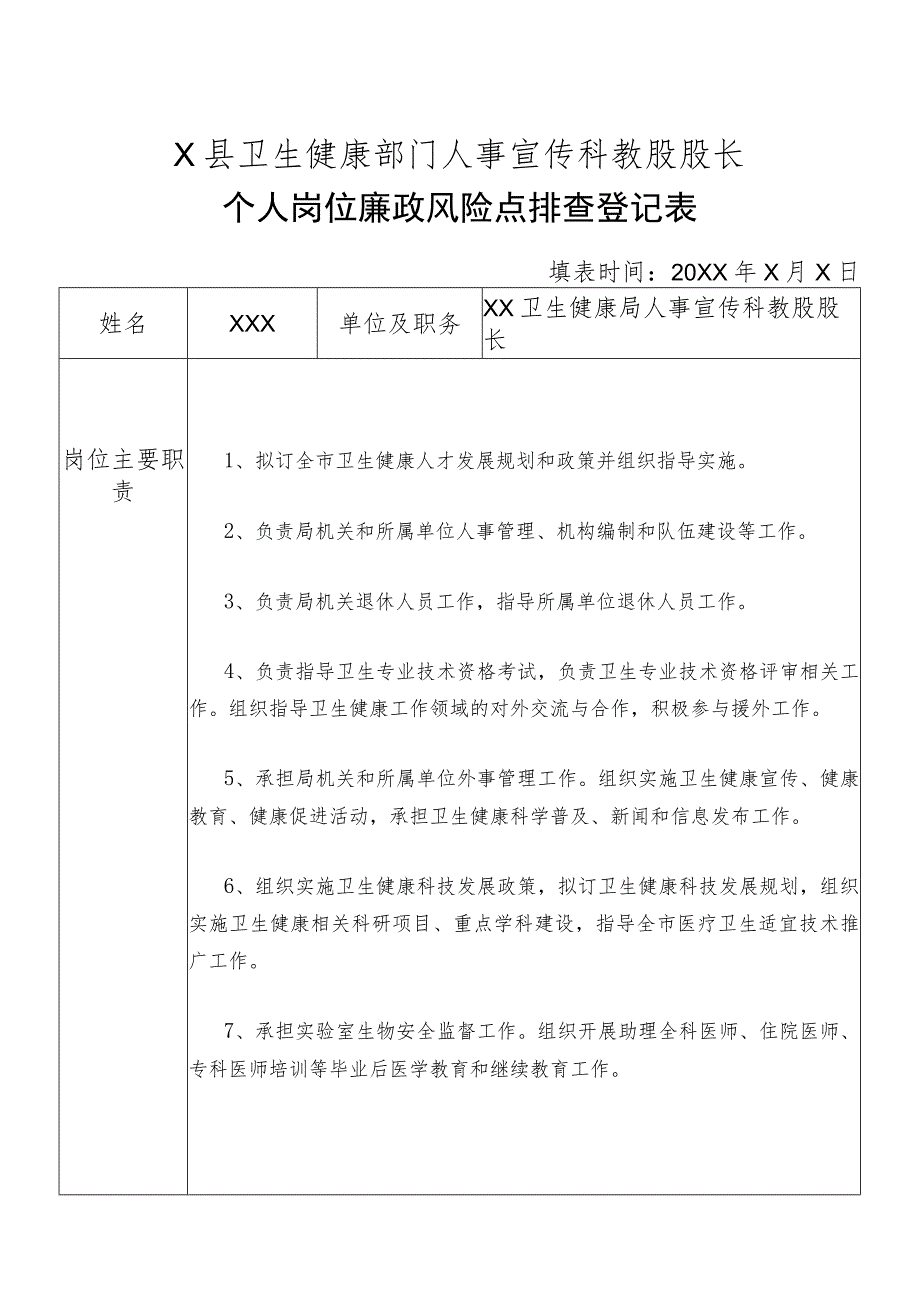 X县卫生健康部门人事宣传科教股股长个人岗位廉政风险点排查登记表.docx_第1页