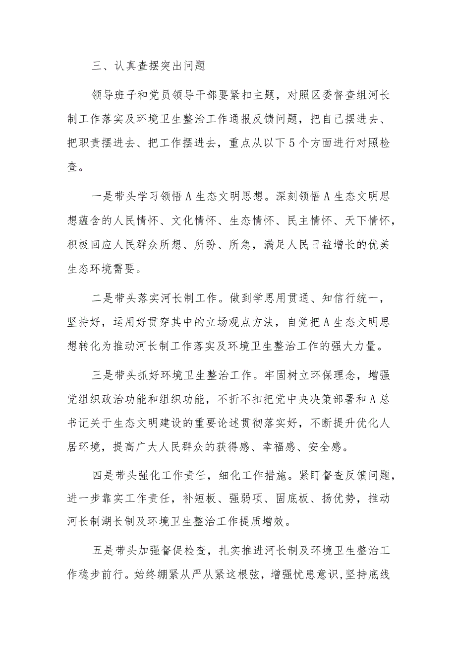 2023年镇党委领导班子河长制工作落实及环境卫生整治工作专题民主生活会实施方案.docx_第2页